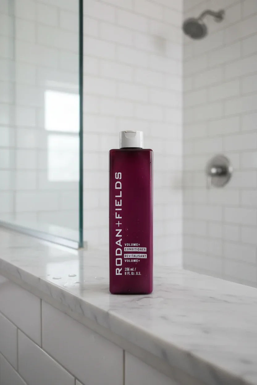 Rodan + Fields Volume+ Conditioner plum bottle on luxury marble shower ledge natural lighting
