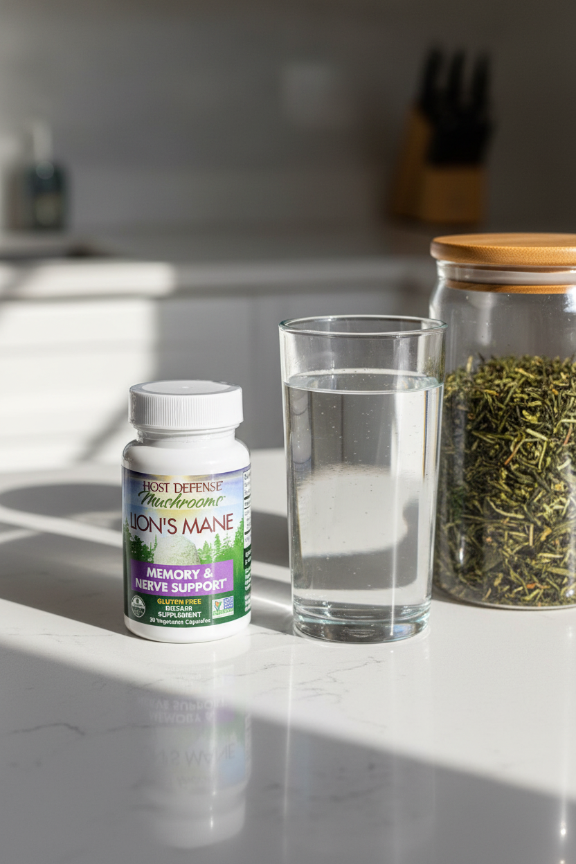 Host Defense Lion's Mane bottle on white quartz kitchen island next to glass of water and green tea jar morning wellness