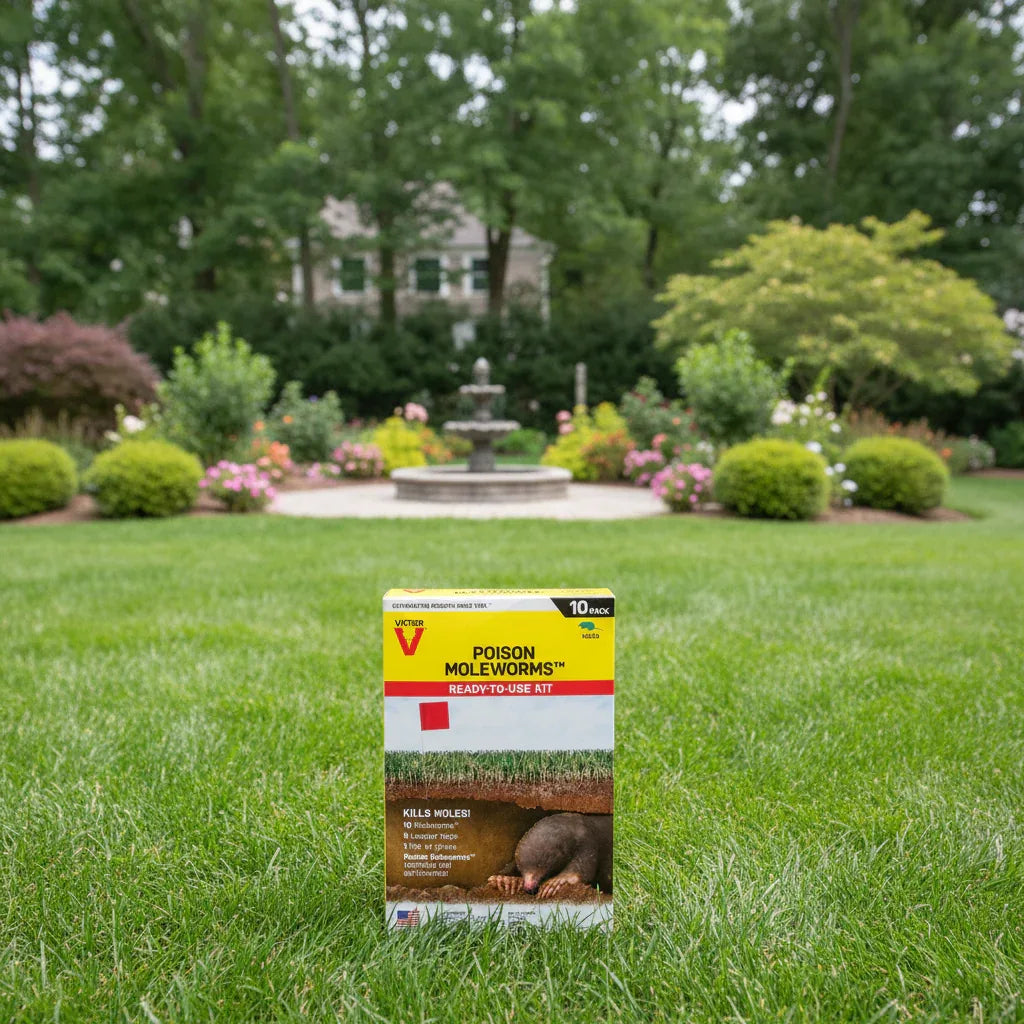 Victor Poison Moleworms pest control kit in lawn and garden setting