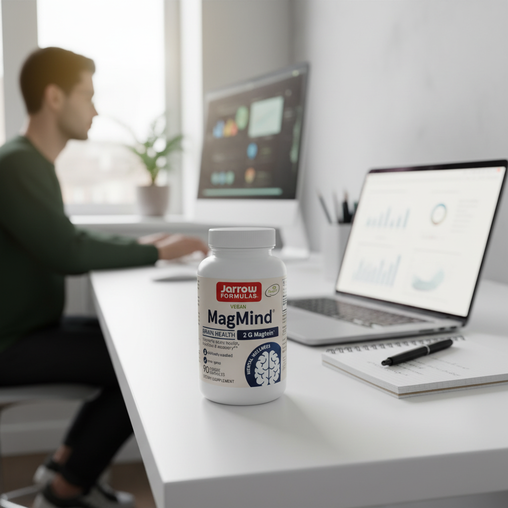Jarrow Formulas MagMind supplement bottle on minimalist desk with laptop and notepad – mental clarity focus lifestyle