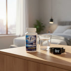 One A Day Men's Complete Multivitamin bottle on wooden dresser in sunlight-filled bedroom with glass of water and smart watch