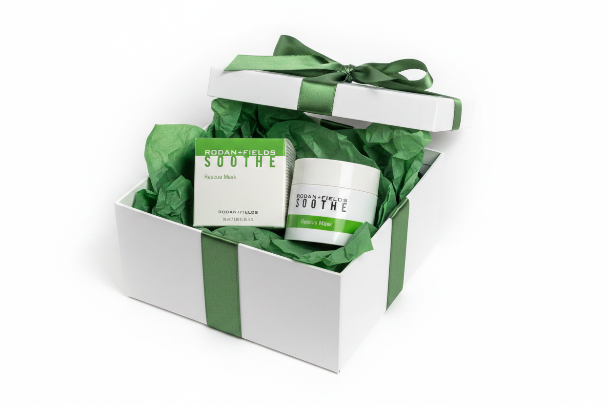 Rodan + Fields SOOTHE Rescue Mask as premium sensitive skincare gift in white gift box with green tissue paper and ribbon – More4less Outlet
