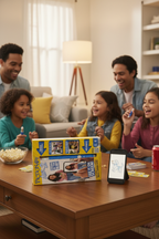 Pictionary Air 2 game box and blue air pen on living room coffee table with smartphone showing drawings on screen — More4less Outlet