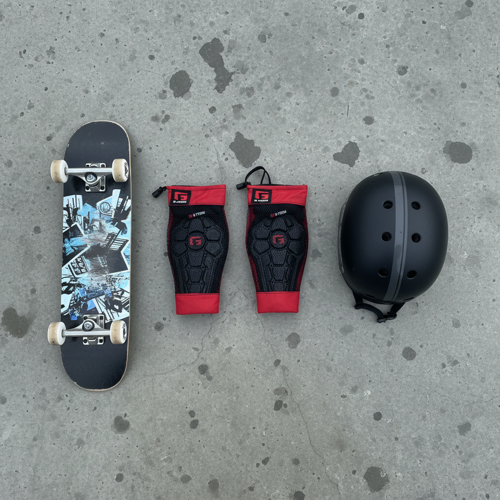 G-Form Youth Pro-X2 Elbow Pads flat lay on concrete with skateboard and helmet