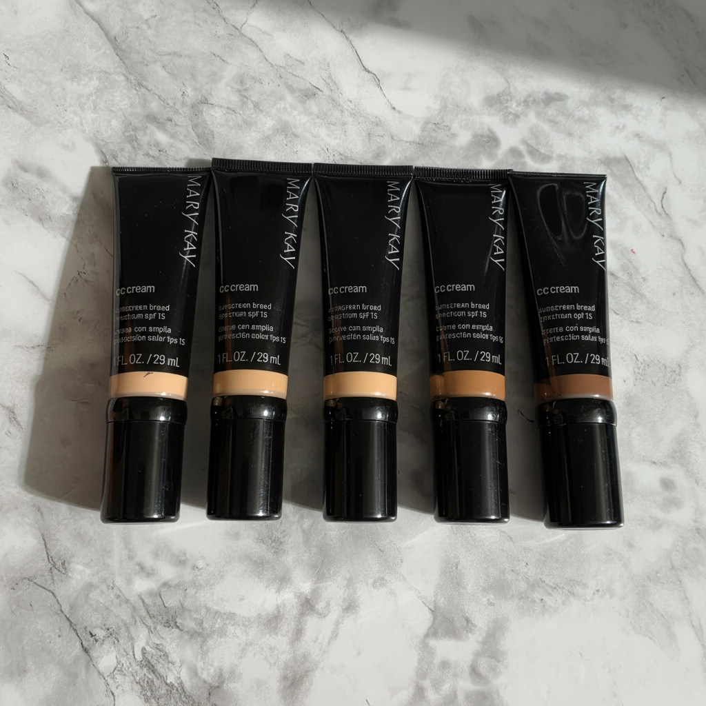 Mary Kay CC Cream five shades flat lay on white marble – lifestyle photo, More4less Outlet
