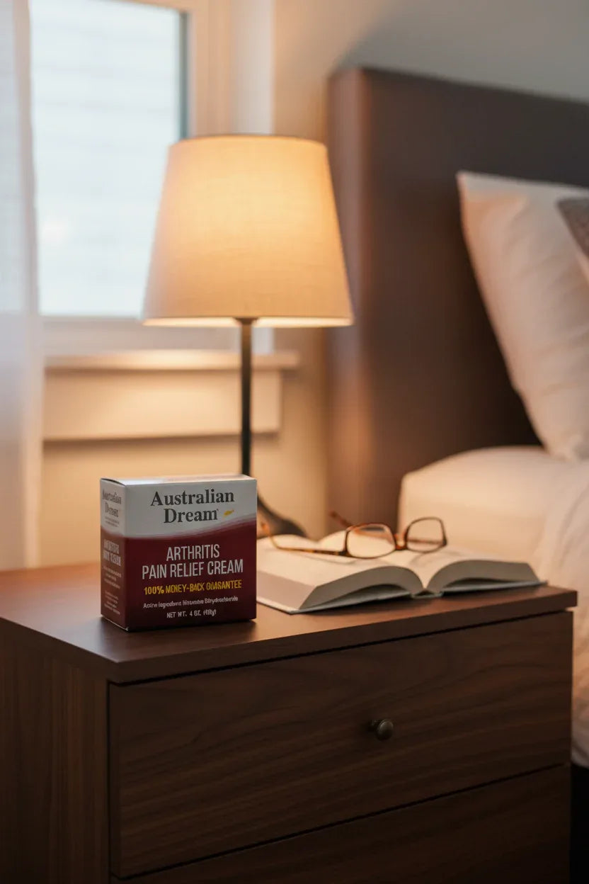 Australian Dream Arthritis Pain Relief Cream on dark walnut nightstand with bedside lamp and open book — More4less Outlet