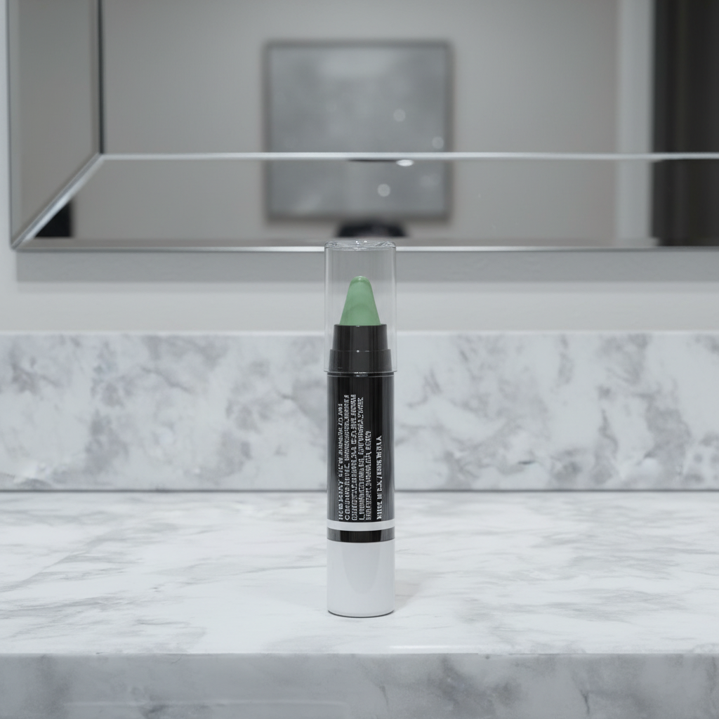 Mary Kay At Play Color Correcting Stick Wipe Out Redness — white cylindrical twist-up stick with clear cap and green cream corrector tip standing upright on a white marble vanity with soft clean lighting and blurred mirror