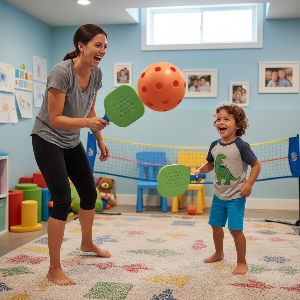Parent and young child playing foam pickleball together in basement playroom — Supreme Silent Sports family fun — More4less Outlet