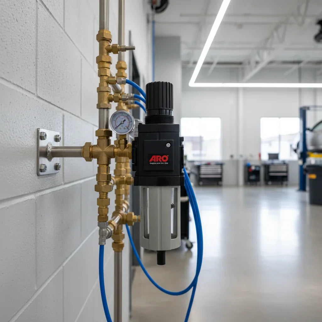 ARO C38231-600 FRL unit installed vertically on air compressor manifold in modern high-tech automotive service bay
