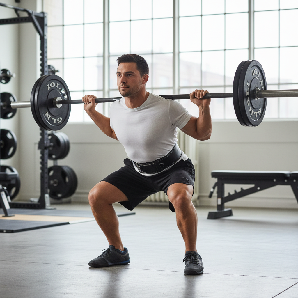Gold's Gym black leather weight lifting belt worn by male athlete performing heavy squat in bright modern gym – More4less Outlet