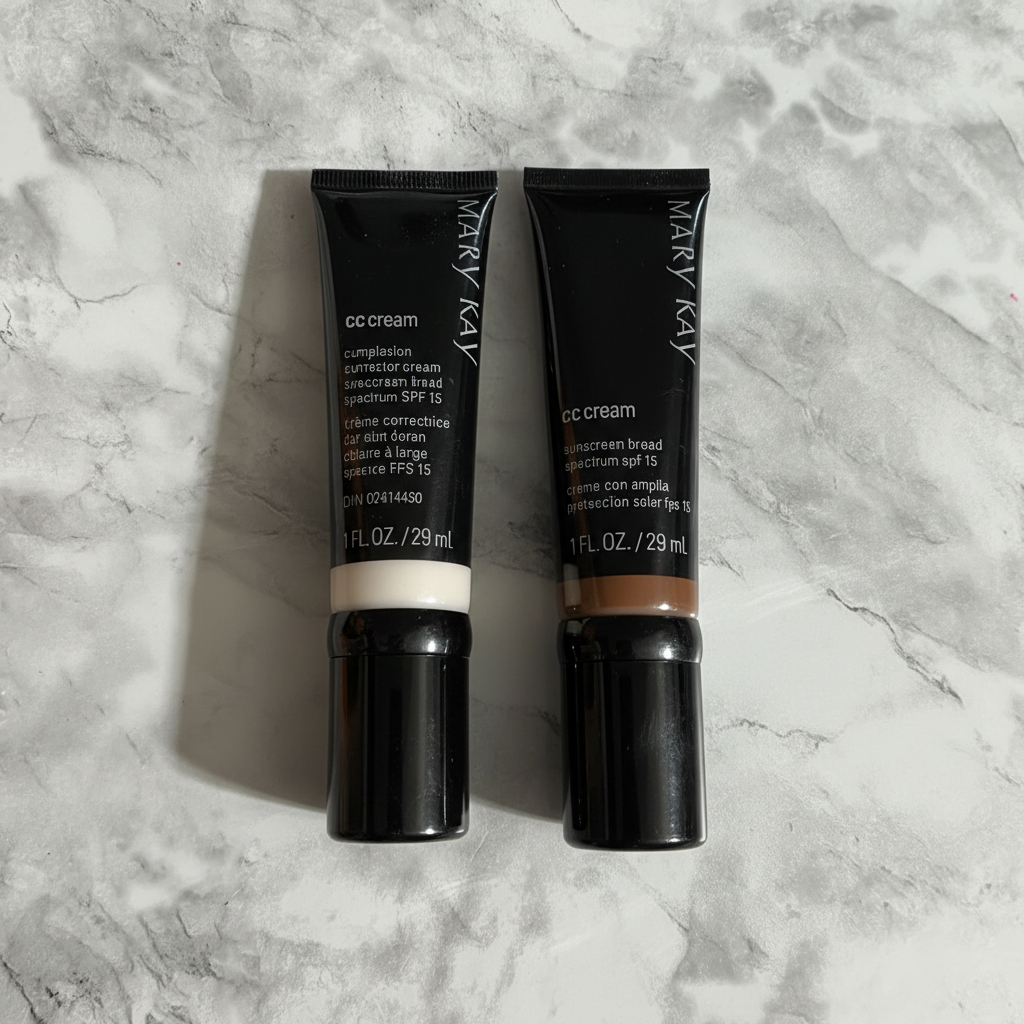 Mary Kay CC Cream lightest and deepest shades side by side on white marble – lifestyle photo, More4less Outlet