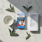 AI-generated white marble counter context image of Bioré Blue Agave Deep Cleansing Pore Strips.