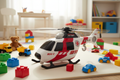 Maxx Action RH-1 911 rescue helicopter toy on kids playroom floor with colorful blocks and toy vehicles