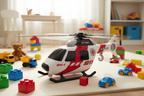 Maxx Action RH-1 911 rescue helicopter toy on kids playroom floor with colorful blocks and toy vehicles