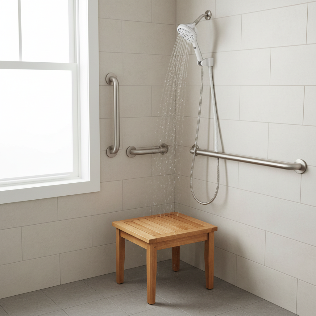 Waterpik ShowerCare in ADA accessible bathroom with teak shower bench and grab bars for seated shower utility
