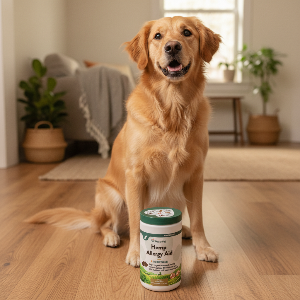 NaturVet Hemp Allergy Aid 60 soft chews tub on wood floor next to a calm happy dog in a cozy home setting