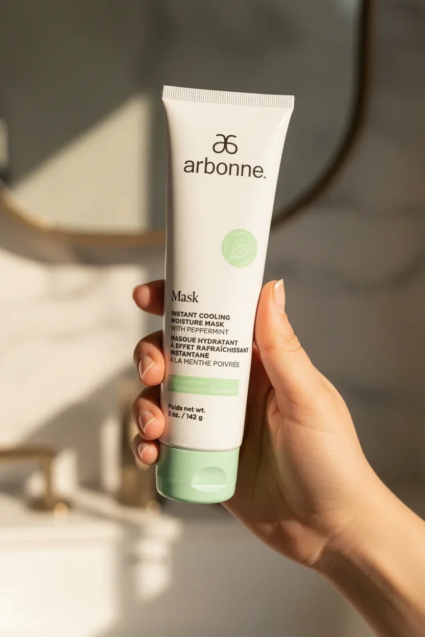 Arbonne Instant Cooling Moisture Mask in-hand close-up neutral bathroom background