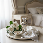 Lifestyle — silver perfume bottle on mirrored vanity tray beside white gardenias, pearl earrings, and folded white silk scarf, soft morning light — editorial for visual context only