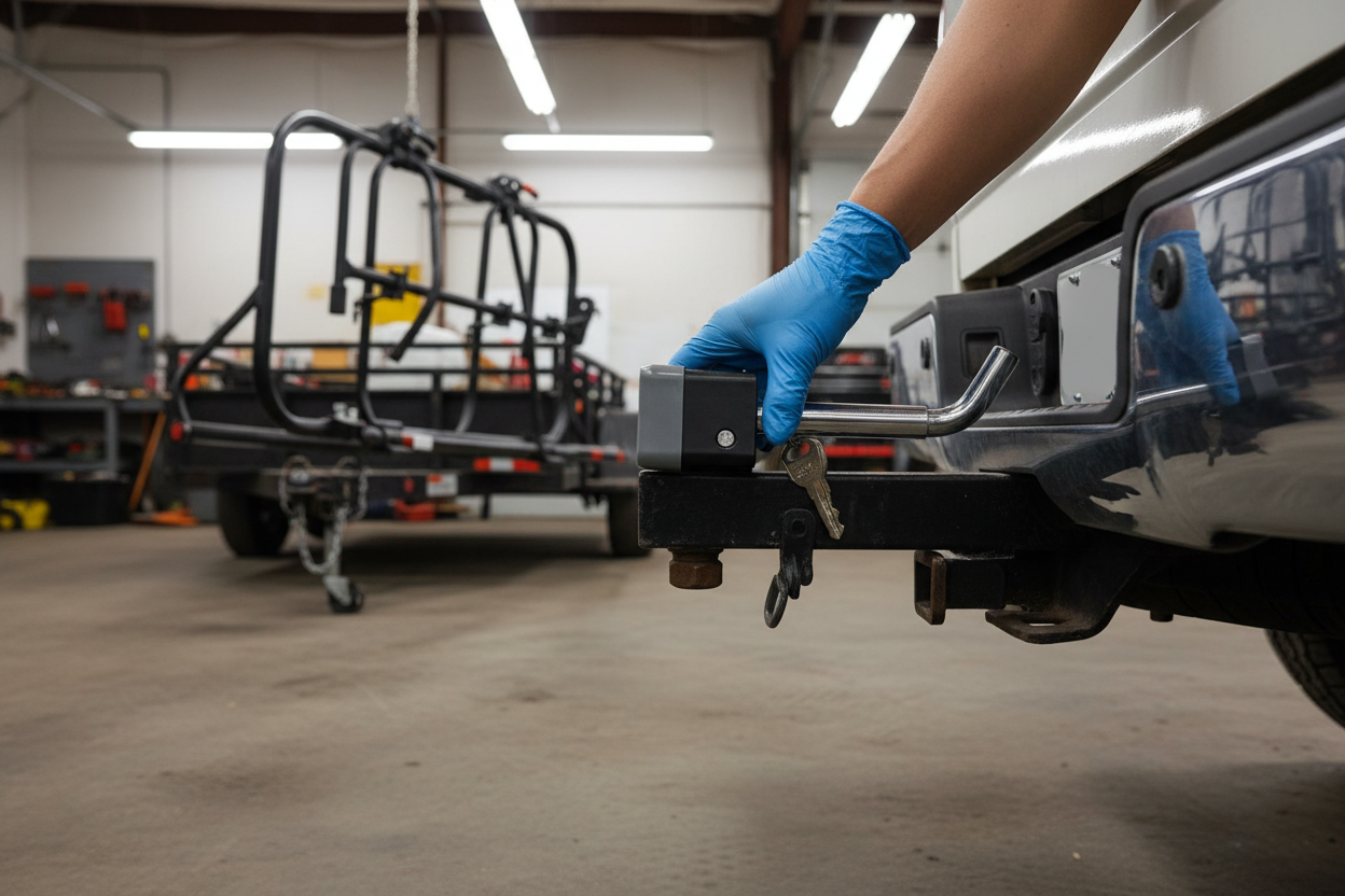 Gloved hand installing OxGord deadbolt hitch receiver lock on truck hitch in garage with bike rack in background - More4less Outlet