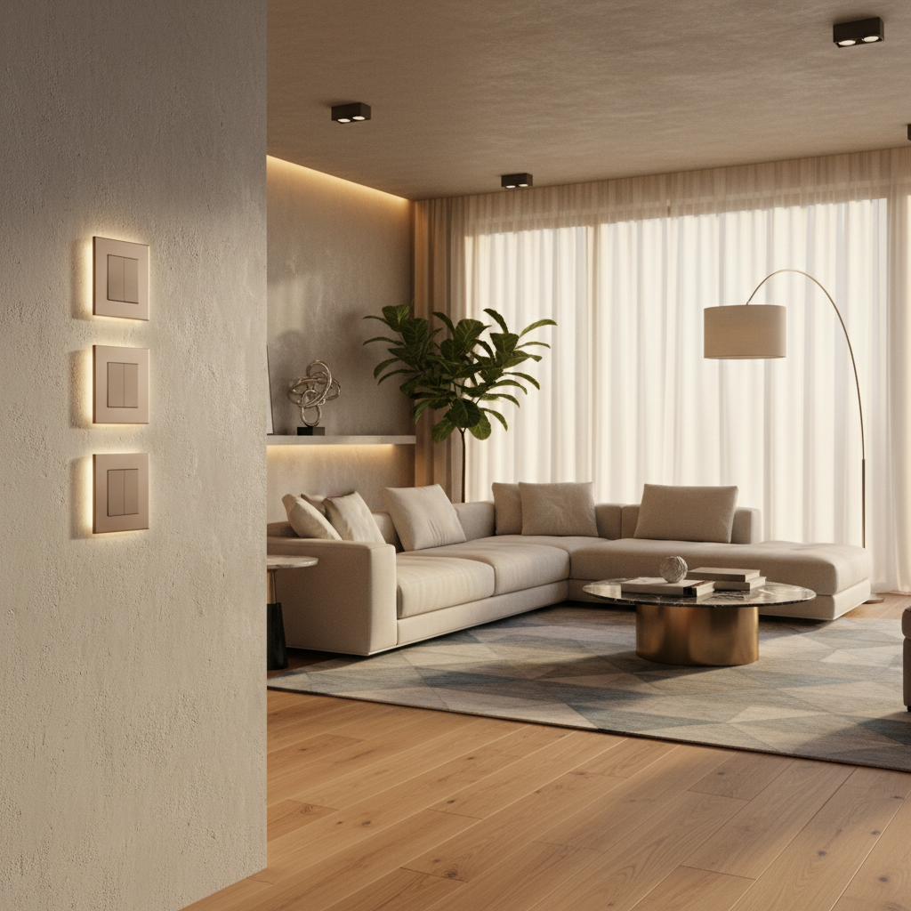 Contemporary living room with designer adorne light switches near entryway