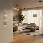 Contemporary living room with designer adorne light switches near entryway