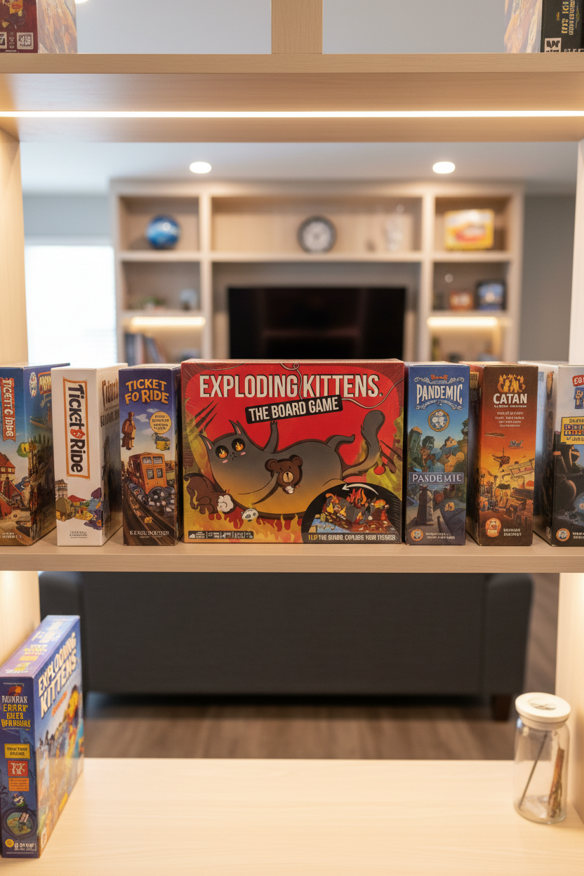 Exploding Kittens The Board Game on modern gaming shelf in media room next to classic board games