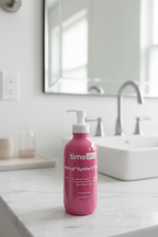 High-quality studio shot of a large pink glass peptide skincare serum bottle with white pump in a clean bright bathroom setting