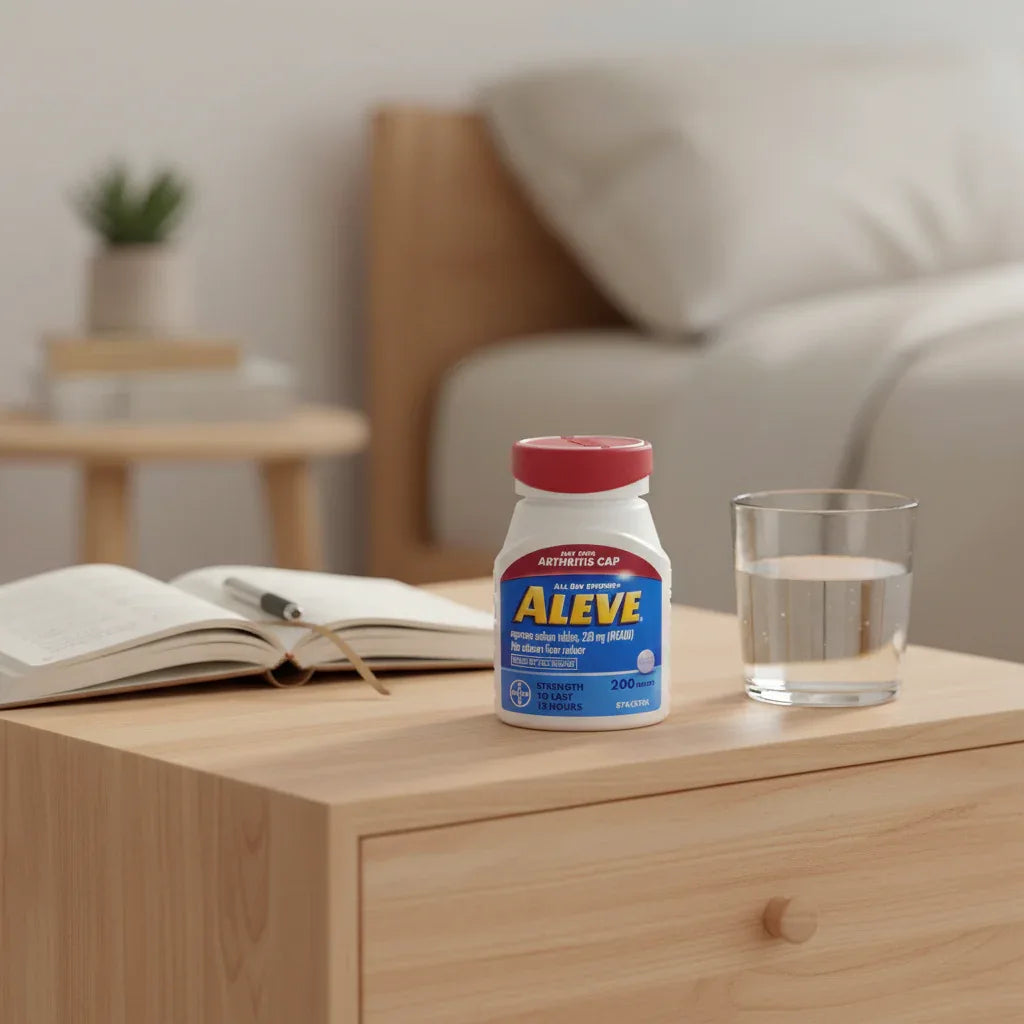 Aleve 220mg Naproxen Sodium 200ct bottle on modern wood bedside table with reading journal and glass of water
