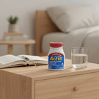 Aleve 220mg Naproxen Sodium 200ct bottle on modern wood bedside table with reading journal and glass of water