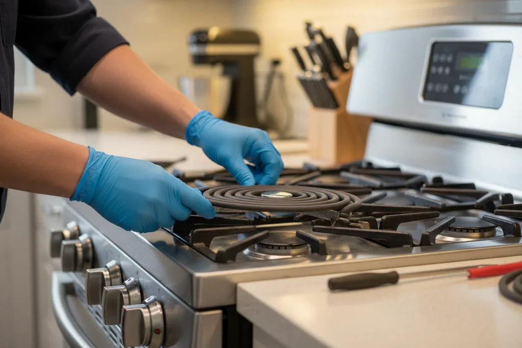 Person inserting a black replacement heating coil element into a clean stainless steel electric stove
