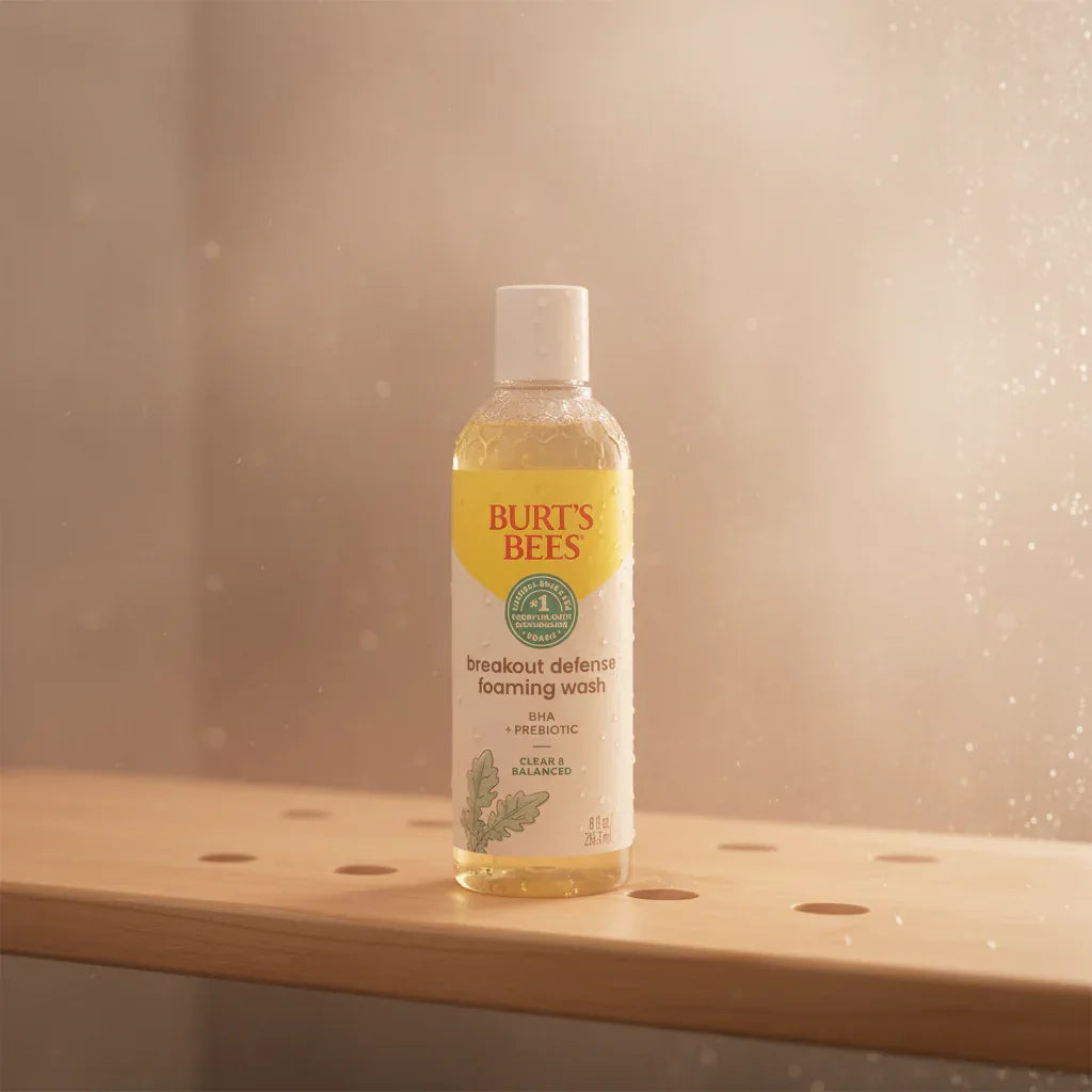 Burt's Bees Breakout Defense Foaming Wash on light-wood bath shelf with misty fresh shower background