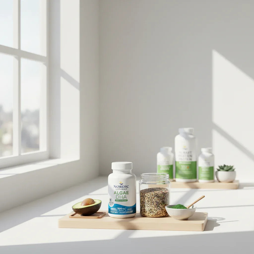 Bright minimalist interior sunlight accentuating pure plant-based dietary nutrition supplement staples