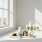 Bright minimalist interior sunlight accentuating pure plant-based dietary nutrition supplement staples