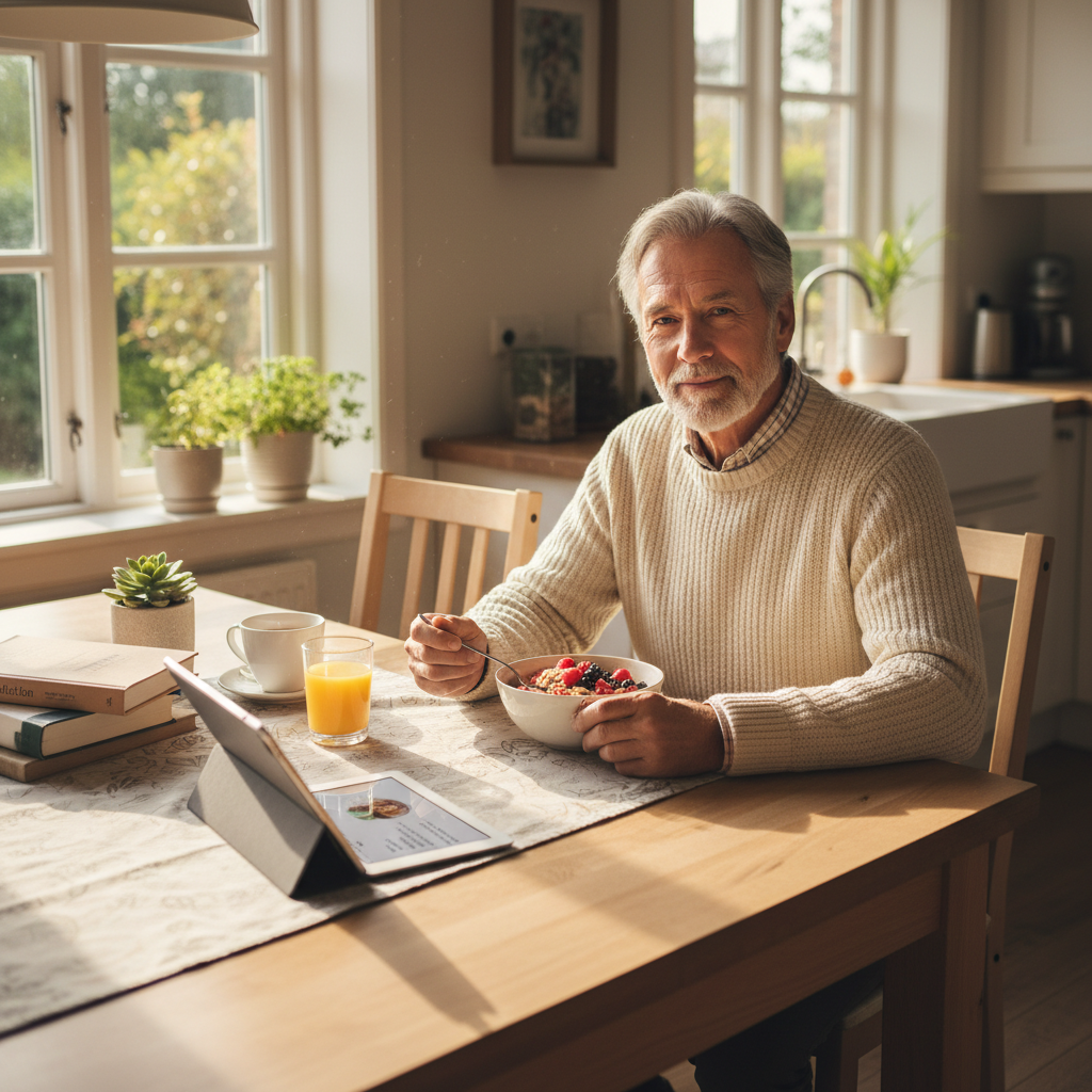 Older adult man eating breakfast at bright kitchen table during morning wellness routine