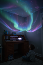 National Geographic Aurora Light Projector on kids desk projecting colorful aurora patterns on walls and ceiling