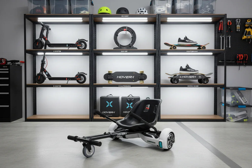 Clean organized garage storage setup showcasing Hover-1 Buggy go-kart attachment among rideable accessories