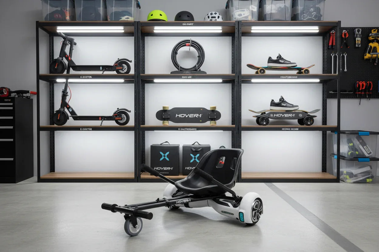 Clean organized garage storage setup showcasing Hover-1 Buggy go-kart attachment among rideable accessories