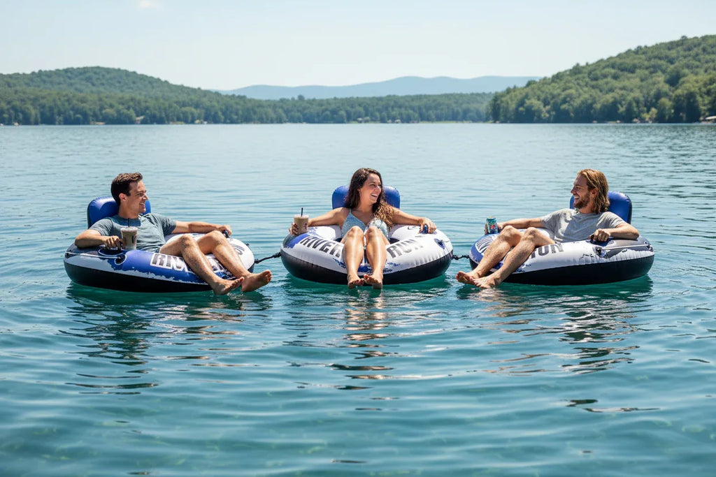 Intex River Run 1 Lounge three friends connected via Connect N Float system on calm lake sunny day