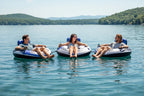 Intex River Run 1 Lounge three friends connected via Connect N Float system on calm lake sunny day