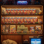 Collector display shelf showcasing Masters of the Universe memorabilia and vintage MOTU figures in packaging — More4less Outlet