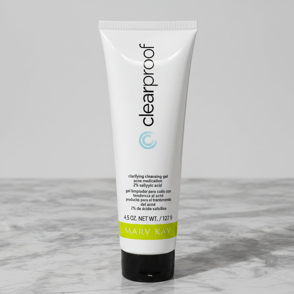 Mary Kay Clear Proof Clarifying Cleansing Gel 4.5 oz tube standing upright on grey marble - studio shot