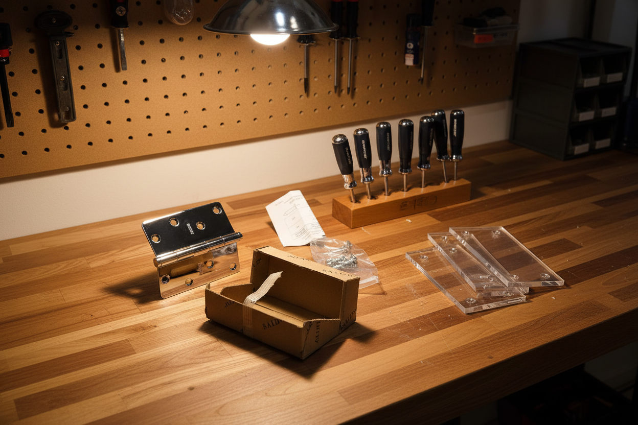 Baldwin polished chrome hinge kit on organized wood workbench with screwdriver set and drilling templates