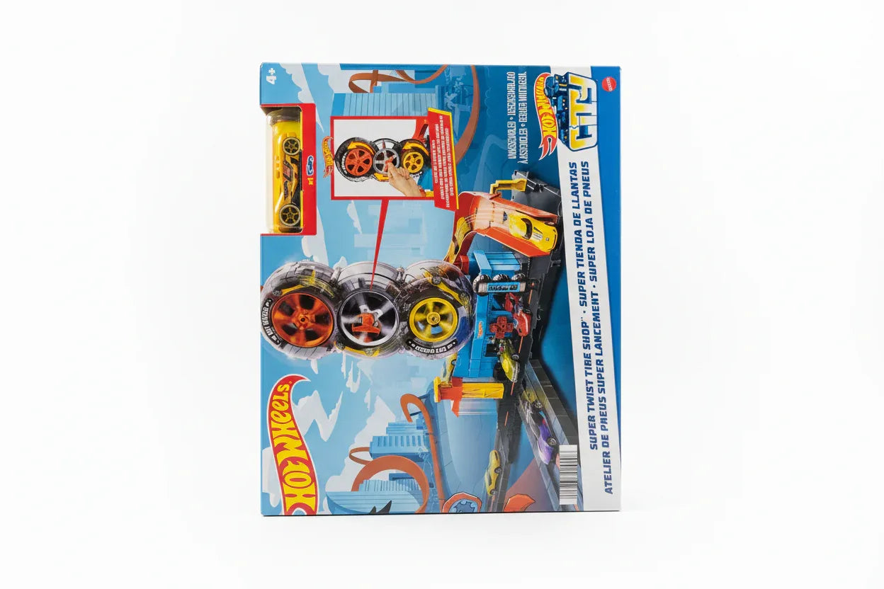 Hot Wheels City Super Twist Tire Shop playset box on white studio background