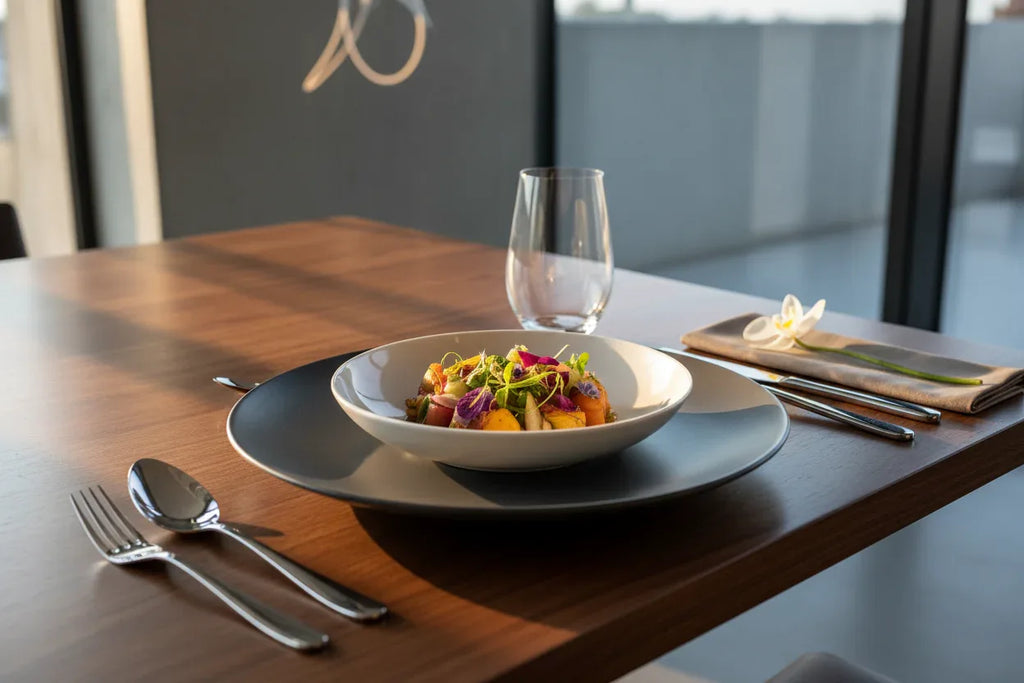 Contemporary dinner plate arrangement featuring polished silver mirror-finish cutlery in warm evening light