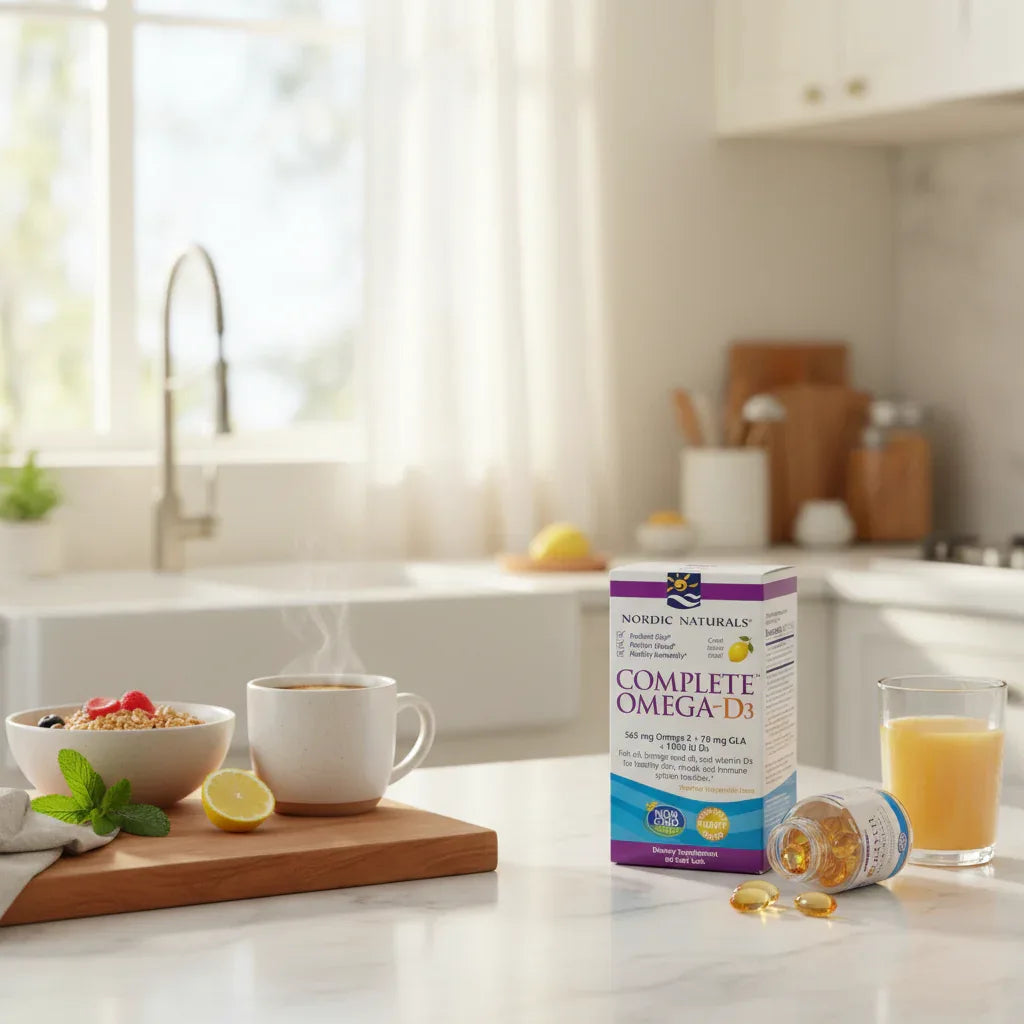 Organized bright kitchen morning routine featuring high quality daily omega-3 vitamin D3 wellness supplement supplies