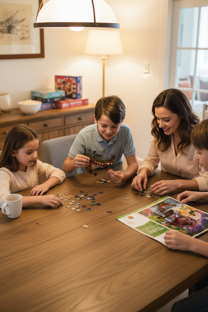Family working together on Peter Pan jigsaw puzzle at dining table with colorful Neverland pieces spread out — More4less Outlet
