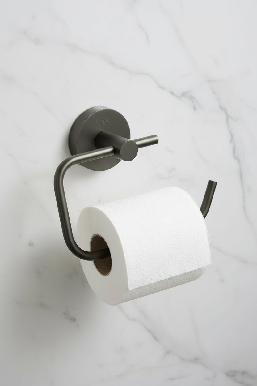 Grohe Essentials Hard Graphite toilet paper holder with toilet paper roll mounted on white marble bathroom wall