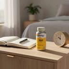 Solaray Zinc 50mg bottle on light-wood bedside table with daily wellness planner and minimalist metallic alarm clock