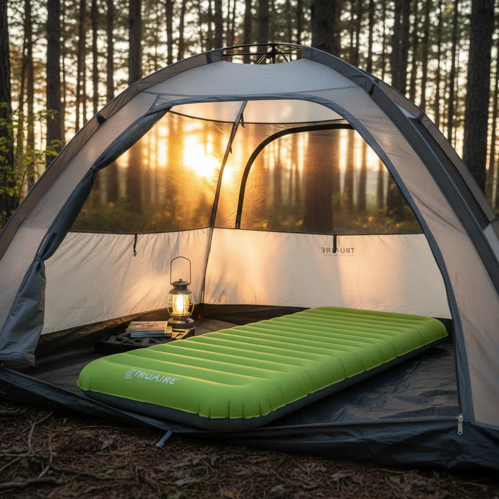 TruAire TPU Camping Mat inflated lime green inside modern high-end tent in peaceful sunset forest setting next to camping lantern