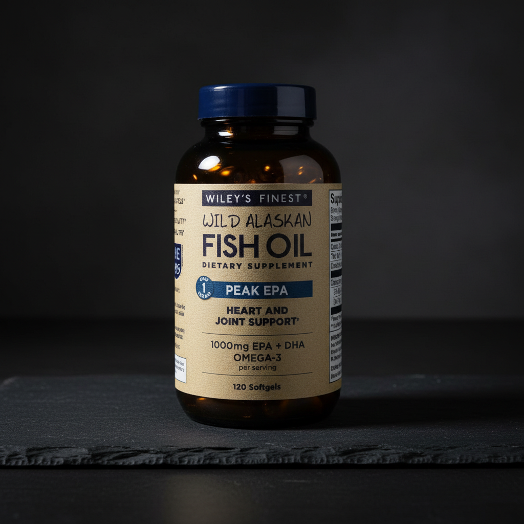Lifestyle context image of Wiley's Finest Wild Alaskan Fish Oil Peak EPA (AI-generated for visual illustration only) – dark slate studio editorial – More4less Outlet
